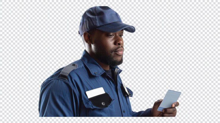 PSD professional security guard scanning employee access cards for enhanced workplace safety and security protocols