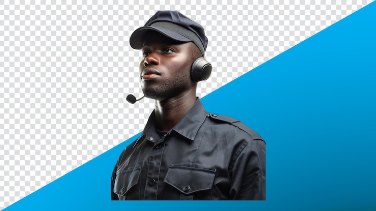 PSD professional security guard wearing a headset in a busy urban environment showcasing vigilance and readiness