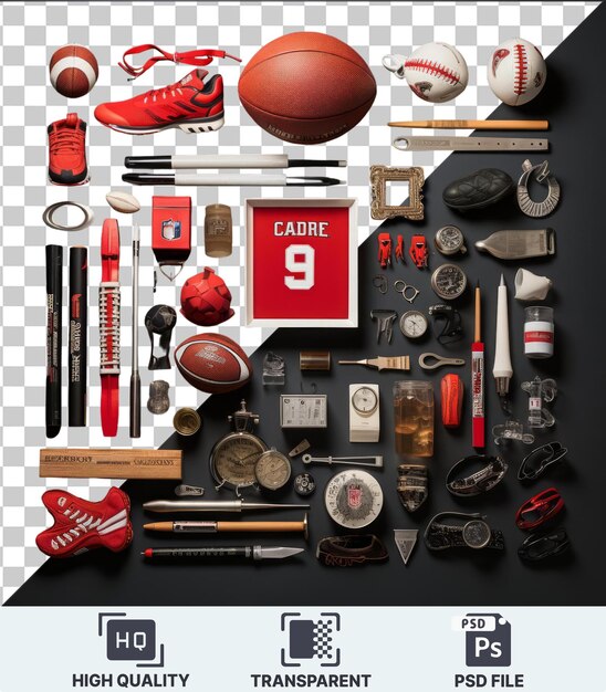 PSD professional sports memorabilia collection set up featuring a white and red baseball a brown ball a red shoe a black pen and a silver watch