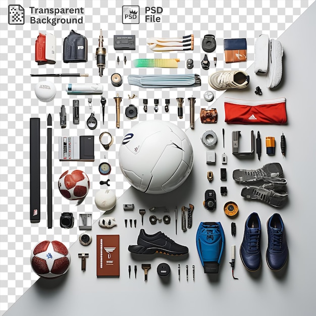 PSD professional sports memorabilia collection set up on a transparent background featuring a white and red ball a black shoe and a black pen