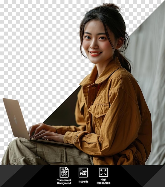 Professional or student female in casual attire working intently on her laptop isolated on a trans