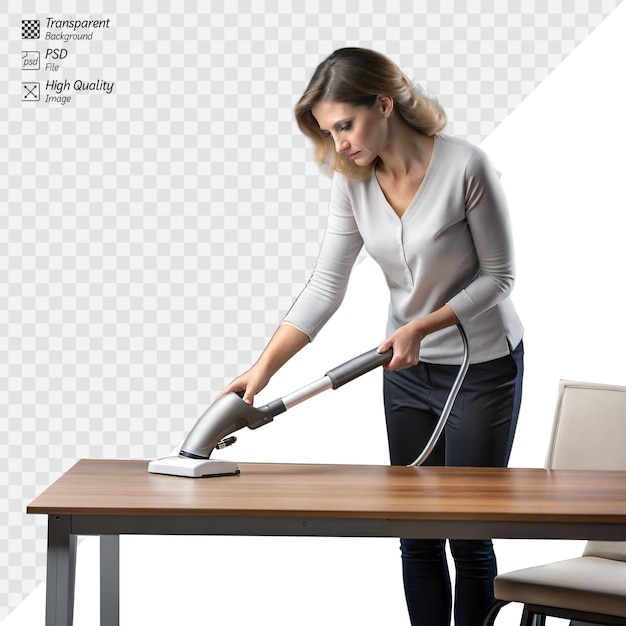 Professional woman cleaning a desk surface with modern vacuum