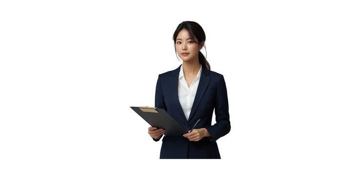 PSD 투명 한 배경 에 고립 된 클립보드 를 들고 있는 전문 여성