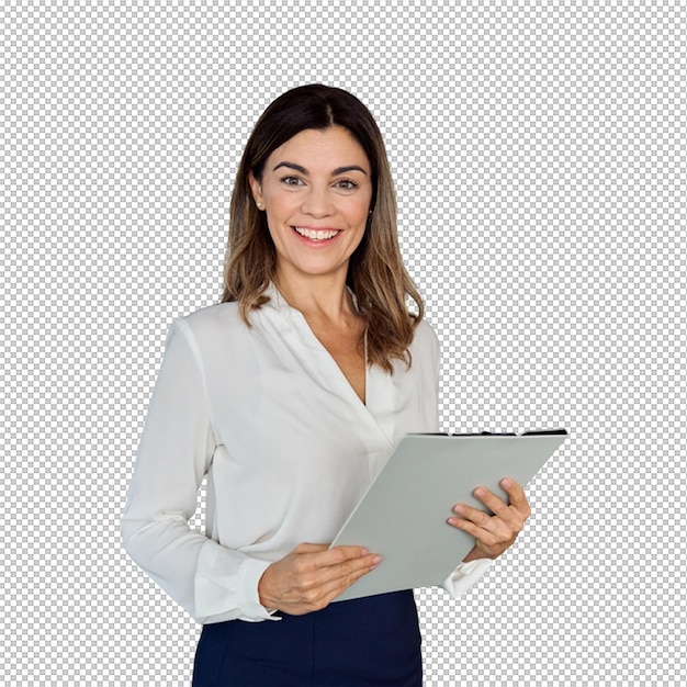 クリップボードを握るプロの女性が微笑んでいる