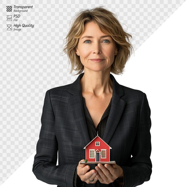 PSD professional woman holding a model house with a smile