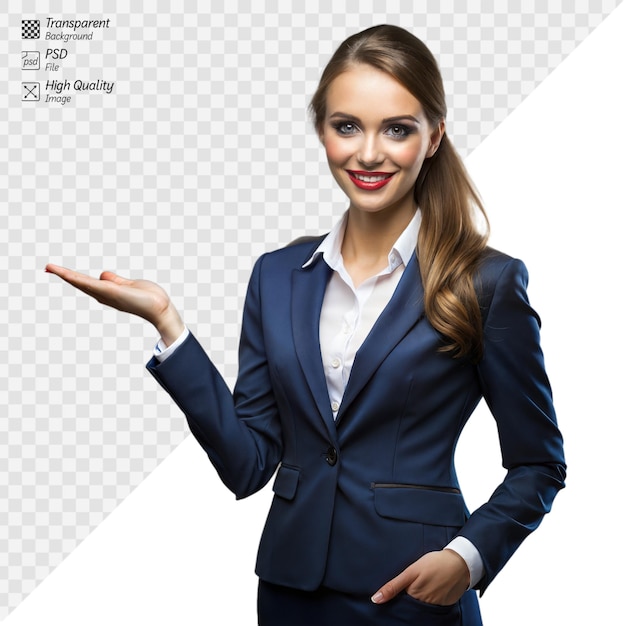 PSD professional woman in suit presenting an invisible product