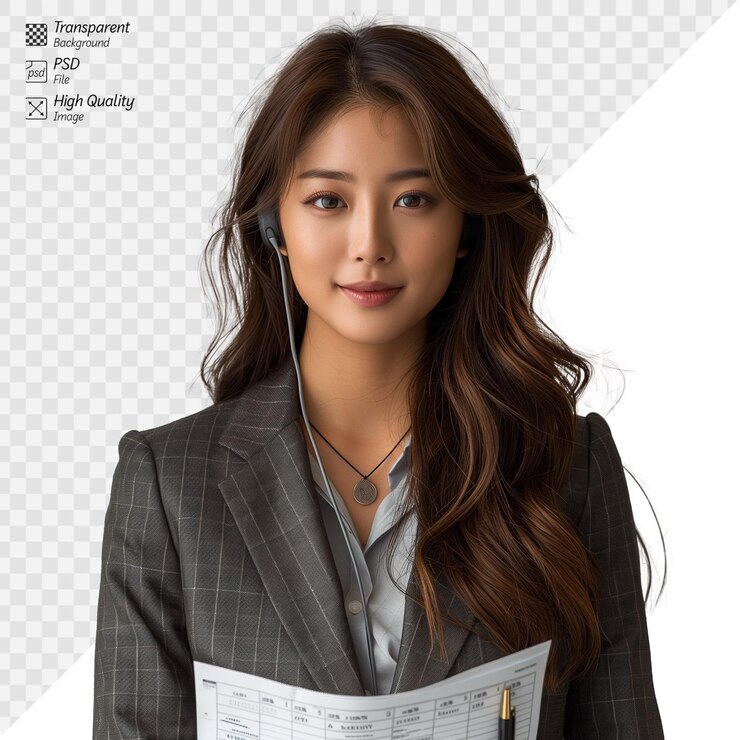 PSD 신문과 헤드을 가진 전문적인 젊은 여성