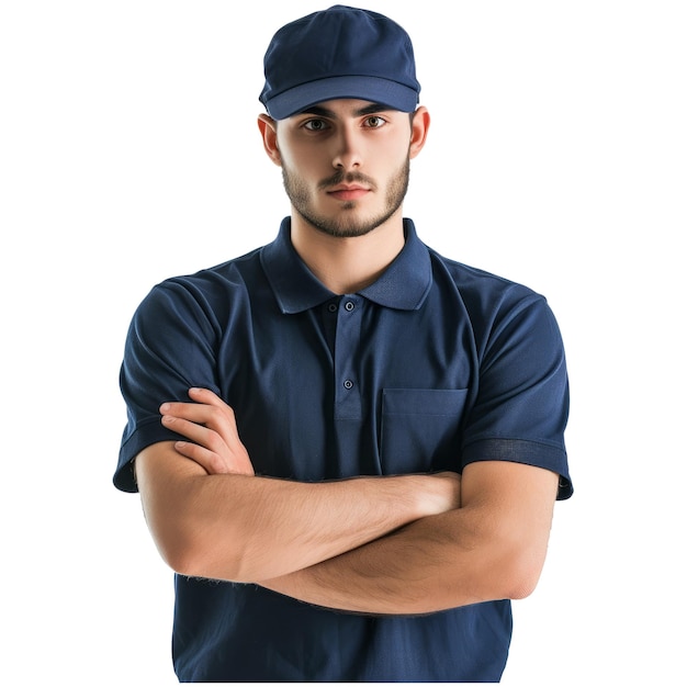 Professionele bezorger werknemer man draagt donkerblauwe pet t-shirt werk uniform kleding werk als koerier