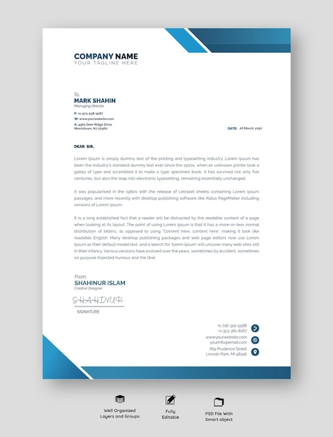 Professionele letterhoofdsjabloon met blauwe accenten en schone lay-out