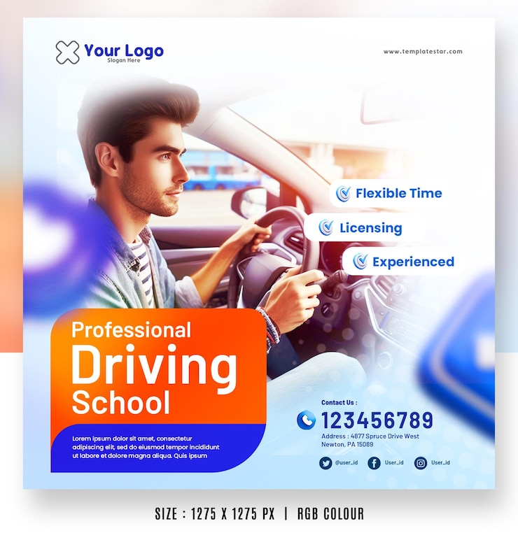 PSD professionele rijscholen vierkant flyer banner sjablonen