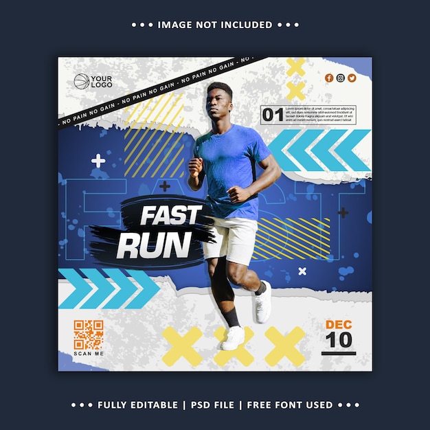 Professionele runner atleet flyer social media postsjabloon blauwe witte achtergrond premium psd