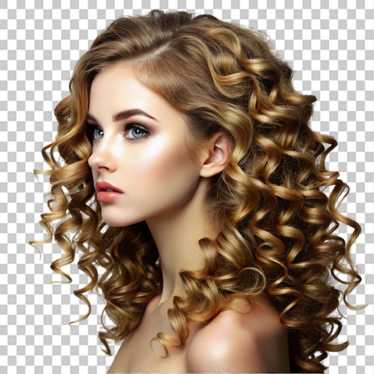 PSD profile of the face of a girl with beautiful curls on transparent background
