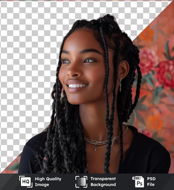 PSD profile portrait of smiling woman with long black braids in a black shirt