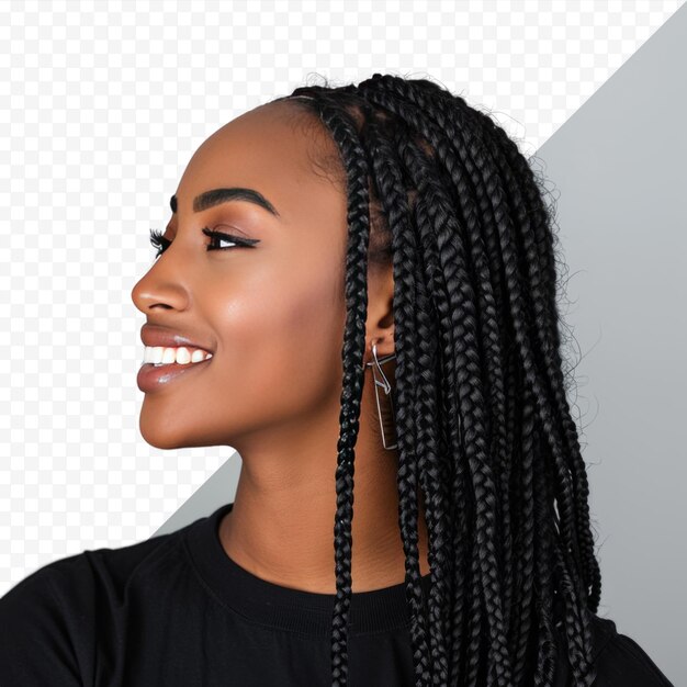 Profile portrait of smiling woman with long black braids