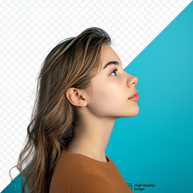 PSD profile side view portrait of attractive cheerful girl demonstrating copy space ad new isolated over bright blue color isolated background