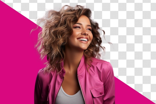 PSD profile side view portrait of attractive cheerful girl demonstrating copy space ad new isolated over