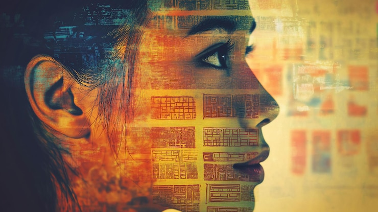 PSD profile view of a young woman her face layered with abstract digital data and newspaper clippings creating a composite image showcasing a blend of technology and media