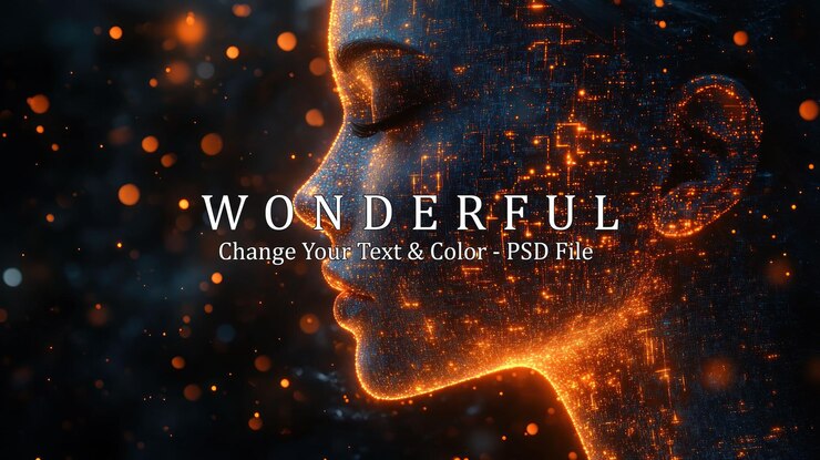 PSD a profile of a womans face rendered in glowing particles against a dark background with bokeh