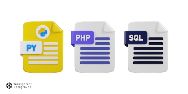 Programmeringssprog filformat ikon på PHP SQL og Python ikon 3d rendering vektor illustration