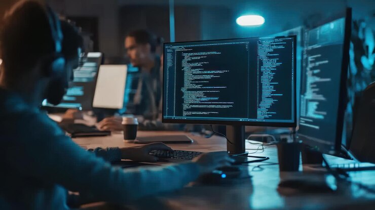 PSD programmers coding late at night in office
