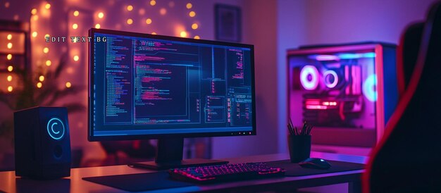 Programmers workspace at night with computer displaying code keyboard mouse PC tower and speaker