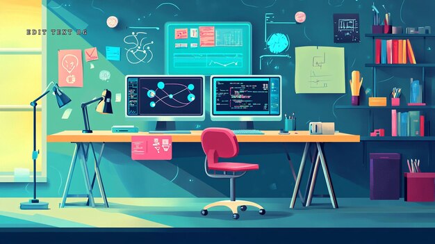 Programmers workspace with dual monitors displaying code and data visualizations surrounded by tools and inspiration
