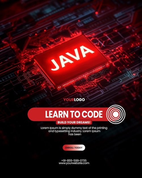プログラミングワークショップ python ワークショップポスターテンプレートで赤く輝くコンピュータチップとjavaテキスト