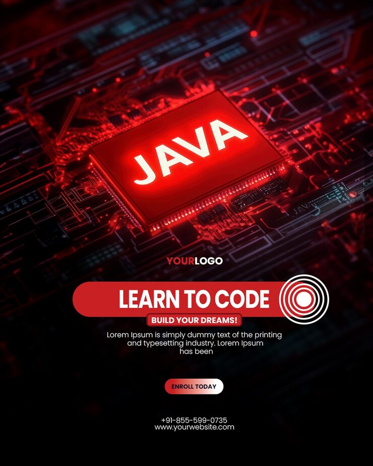 PSD programming workshop python workshop poster template with a red glowing computer chip with java text