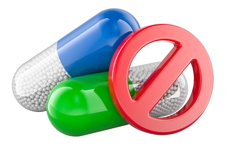 PSD prohibition symbol with medicament capsules 3d rendering isolated on transparent background