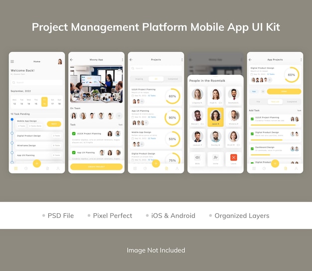 PSD project management platform mobile app ui kit