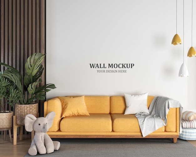 PSD projekt makiety ściennej z żółtą sofą w salonie