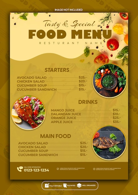 Projekt szablonu plakatów menu specjalnych restauracji