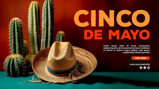 PSD projekt szablonu plakatu cinco de mayo z tłem kaktusa i meksykańskiego kapelusza
