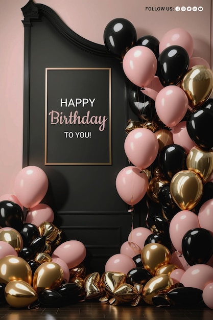 PSD projekt tła balonów urodzinowych wszystkiego najlepszego z okazji urodzin tekst z dekoracją balonu i konfetti
