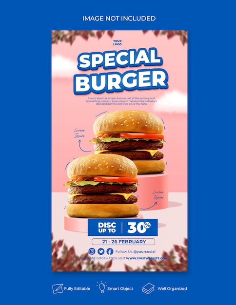 PSD promocja menu z burgerami w mediach społecznościowych szablon banera historii na instagramie
