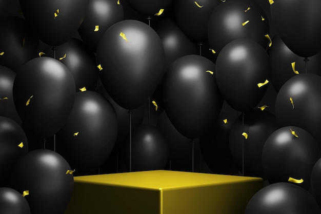PSD promocja sprzedaży w czarny piątek z balonami eleganckie pudełko na podium w tle wyświetlacza produktu