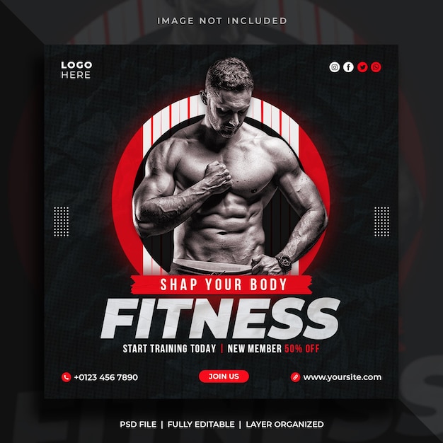 promocyjny post w mediach społecznościowych na temat siłowni i fitness, baner na Instagramie lub szablon ulotki kwadratowej
