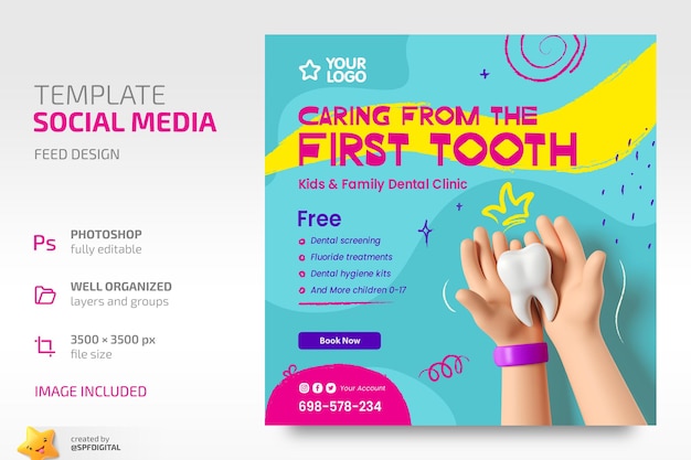 PSD promotion design for pediatric dentistry hand holding a tooth children's fun style