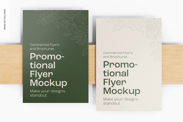 promotional flyers on wooden podium mockup top view 02