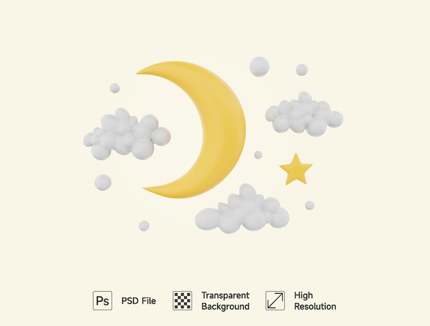 PSD prosta ilustracja przedstawiająca księżyc i chmury na tle jasnego nieba.