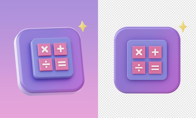 proste 3d fioletowe ikony kalkulatora matematycznego do projektowania aplikacji mobilnych UI UX w mediach społecznościowych