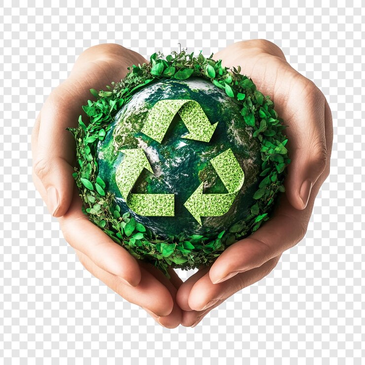 PSD protecting the earth hands holding a globe with a recycle symbol