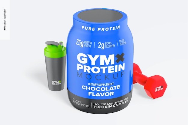 PSD protein powder container with label mockup perspective