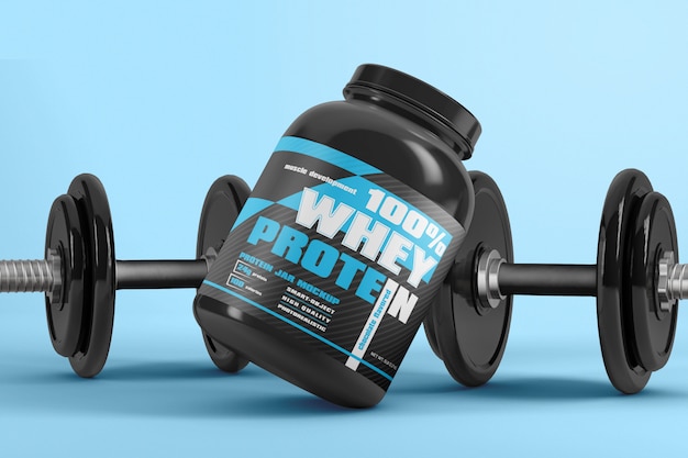 PSD protein powder supplement packaging with dumbbell mockup