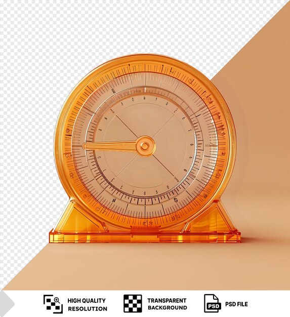 PSD protractor with gold base and orange and gold clock against white wall casting a dark shadow