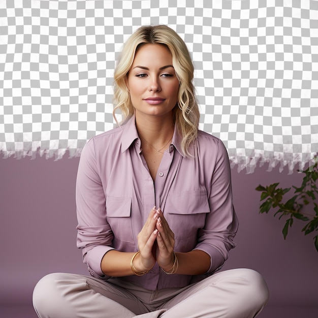 A proud adult woman with blonde hair from the south asian ethnicity dressed in agriculturist attire poses in a sitting with hands clasped style against a pastel lilac background