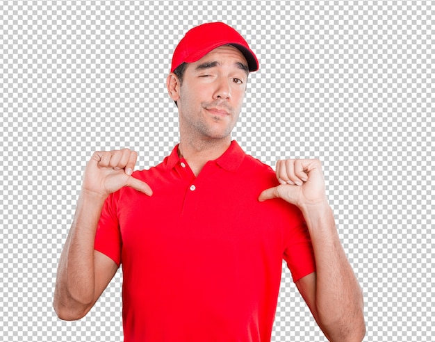 proud delivery man pointing at himself