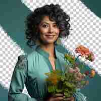 PSD a proud middle aged woman with curly hair from the west asian ethnicity dressed in botanist attire poses in a dramatic shadow play style against a pastel green background