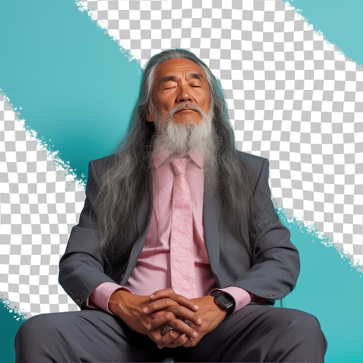 PSD a proud senior man with long hair from the west asian ethnicity dressed in financial advisor attire poses in a seated with head resting on hand style against a pastel mint background