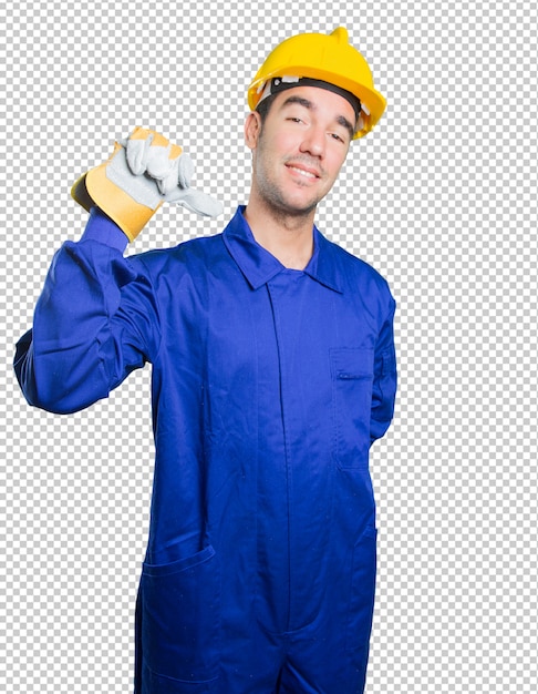proud workman on white background